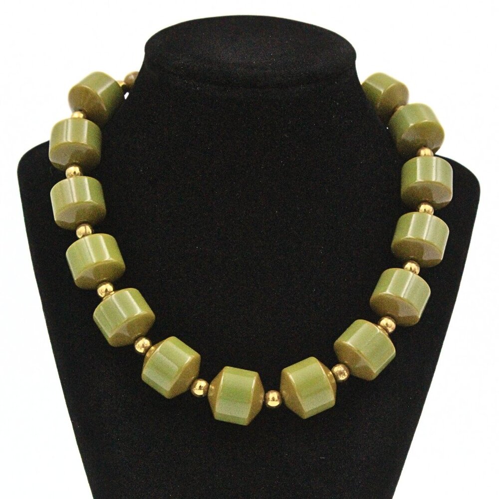Antique Art Deco Early Large Plastic Green Bakelite Bead Necklace Tested!
